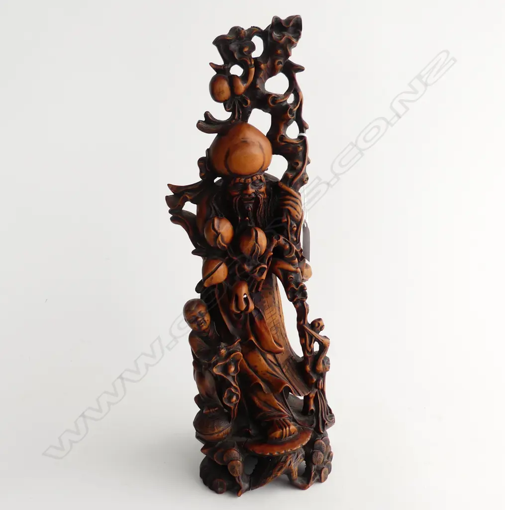 VINTAGE CARVED WOODEN ORIENTAL FIGURE; OLD MAN w. CHILD H.405mm Image 1++