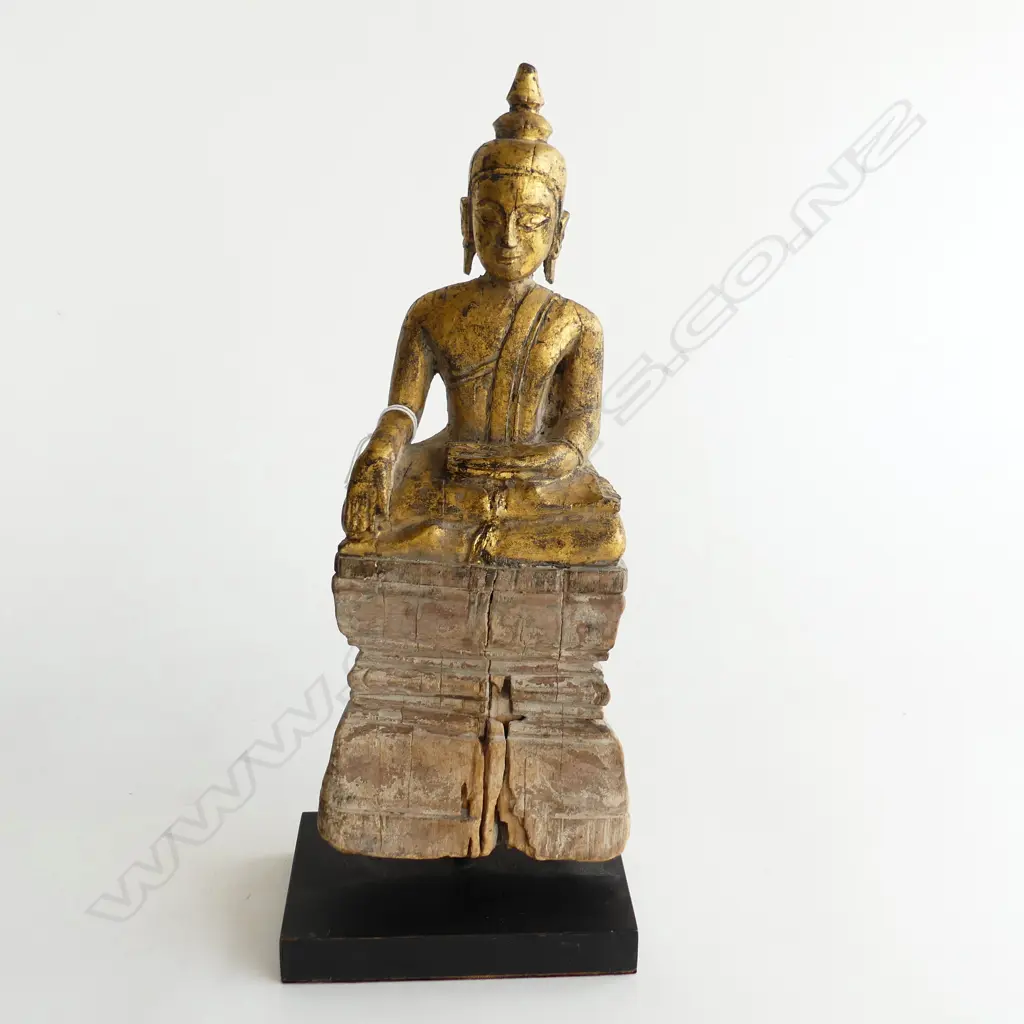 CARVED WOODEN BUDDHA, GOLD GILDED, ON BASE H. 350mm Image 1++