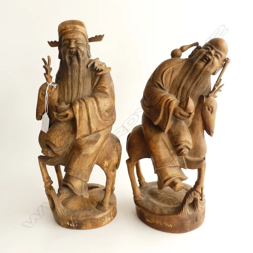 PR VINTAGE CHINESE CARVED WOODEN MEN ON HORSEBACK H.400mm Image 1++