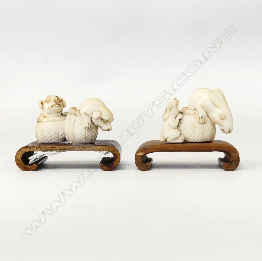 2 ORIENTAL CARVED IVORY NETSUKE; PUPPIES & RABBITS IN BASKETS W.50mm Image 1++