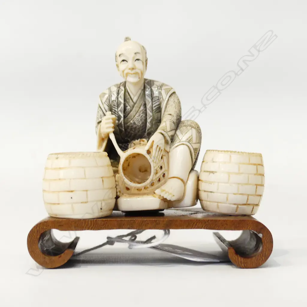 ORIENTAL CARVED IVORY NETSUKE; MAN w. BASKETS W.80mm Image 1++