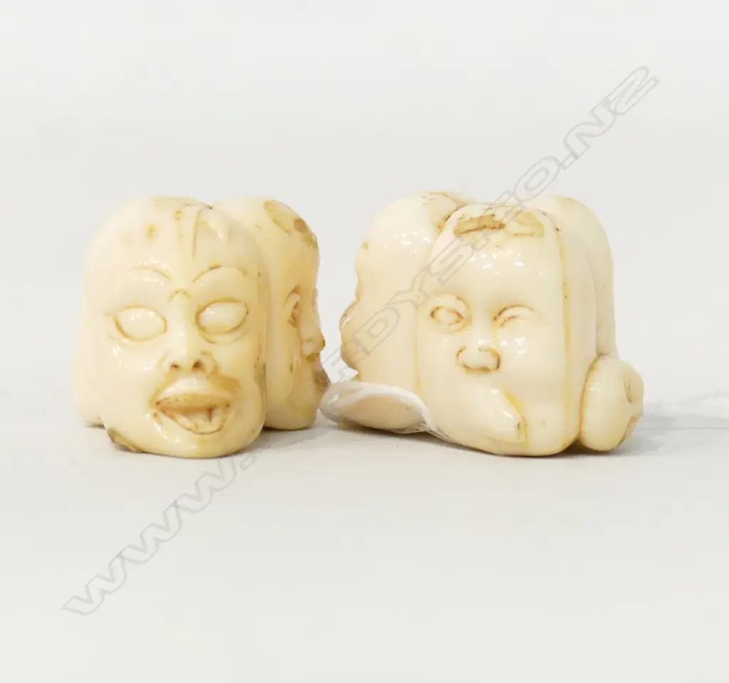 PR ORIENTAL CARVED IVORY NETSUKE; FACES H.25mm Image 1++