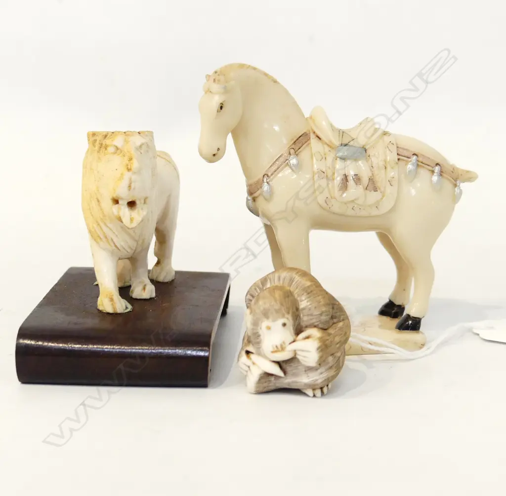 NETSUKE MONKEY + IVORY LION + RESIN HORSE H.80mm Image 1++