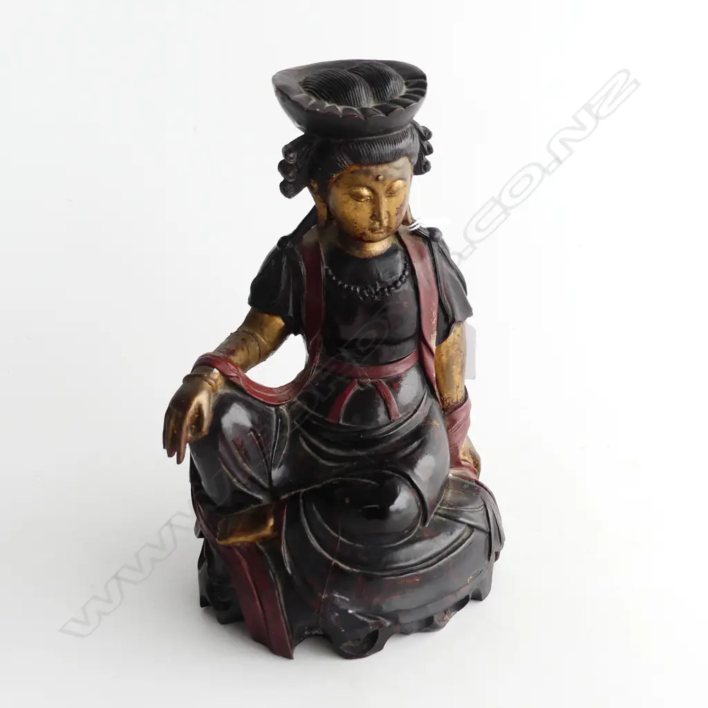 VINTAGE CARVED WOODEN SEATED ORIENTAL WOMAN H.250mm Image 1++