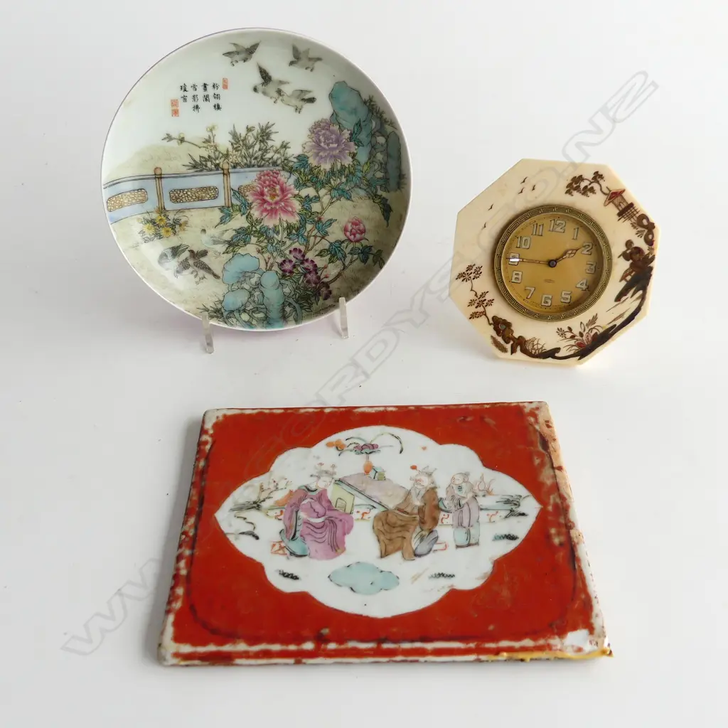 3 ORIENTAL PCES; ORANGE TILE 125x160mm, PLATE 145mm dia, 8 DAY CLOCK 95mm dia Image 1++
