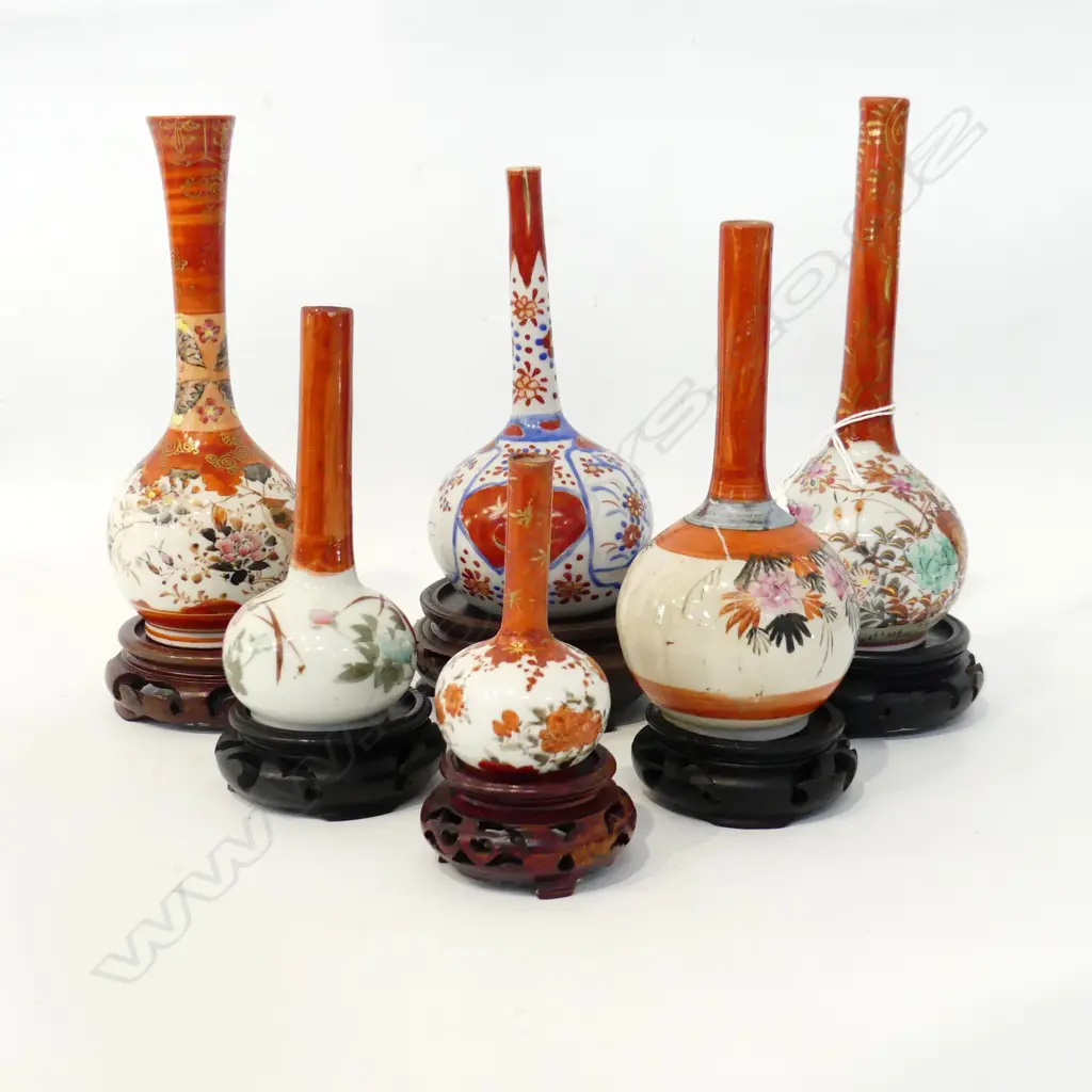 6 ASST. JAPANESE KUTANI VASES ON STANDS H.205mm (1 repaired) Image 1++
