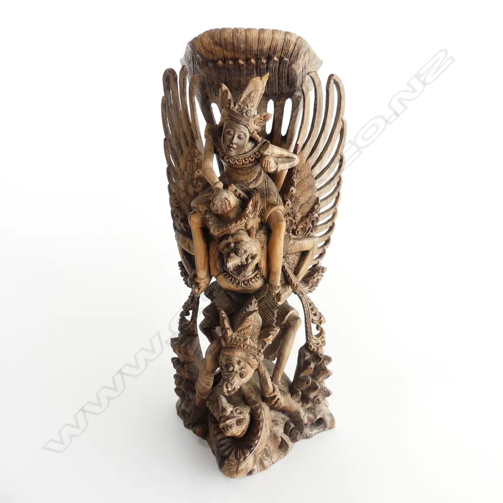 LARGE INTRICATE CARVING OF VISHNU RIDING GARUDA. H 36CM W 15CM Image 1++
