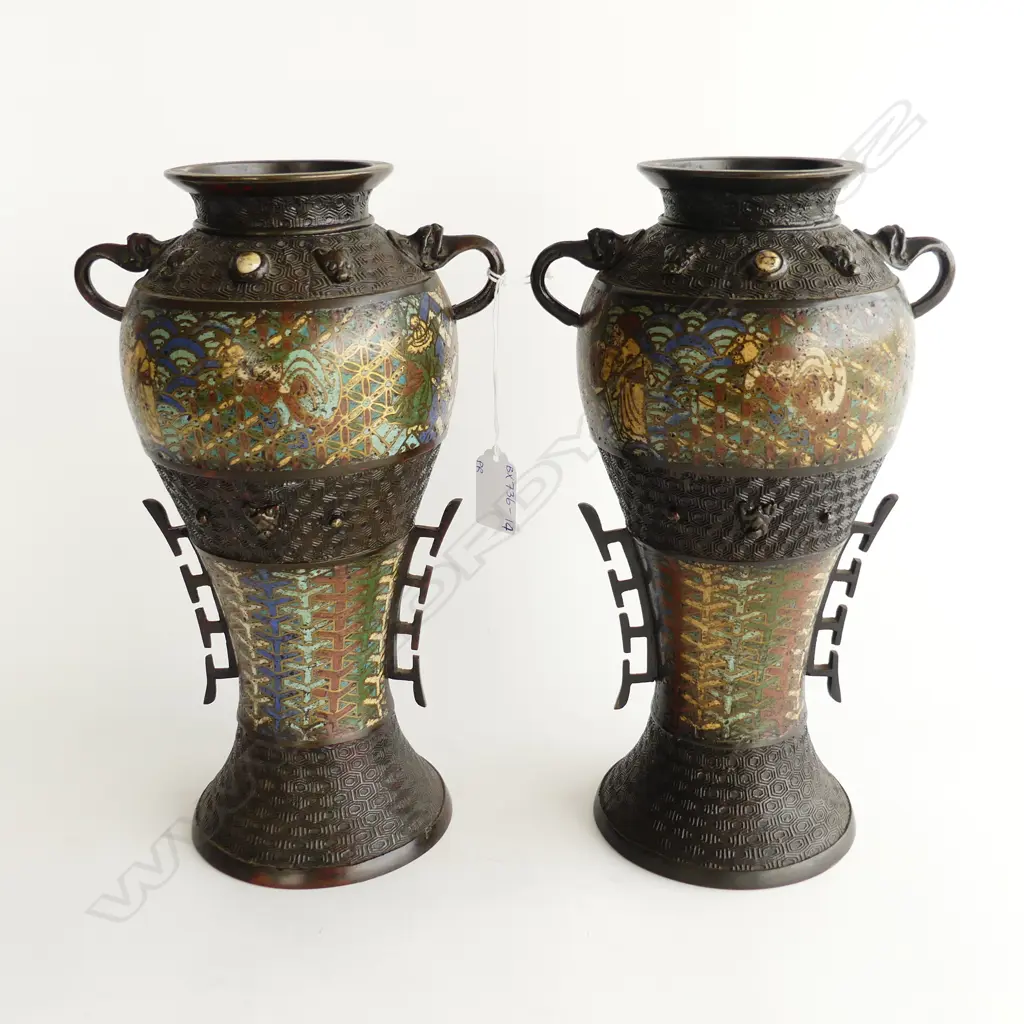 PR LARGE ORIENTAL BRONZE & ENAMEL VASES H.300mm Image 1++