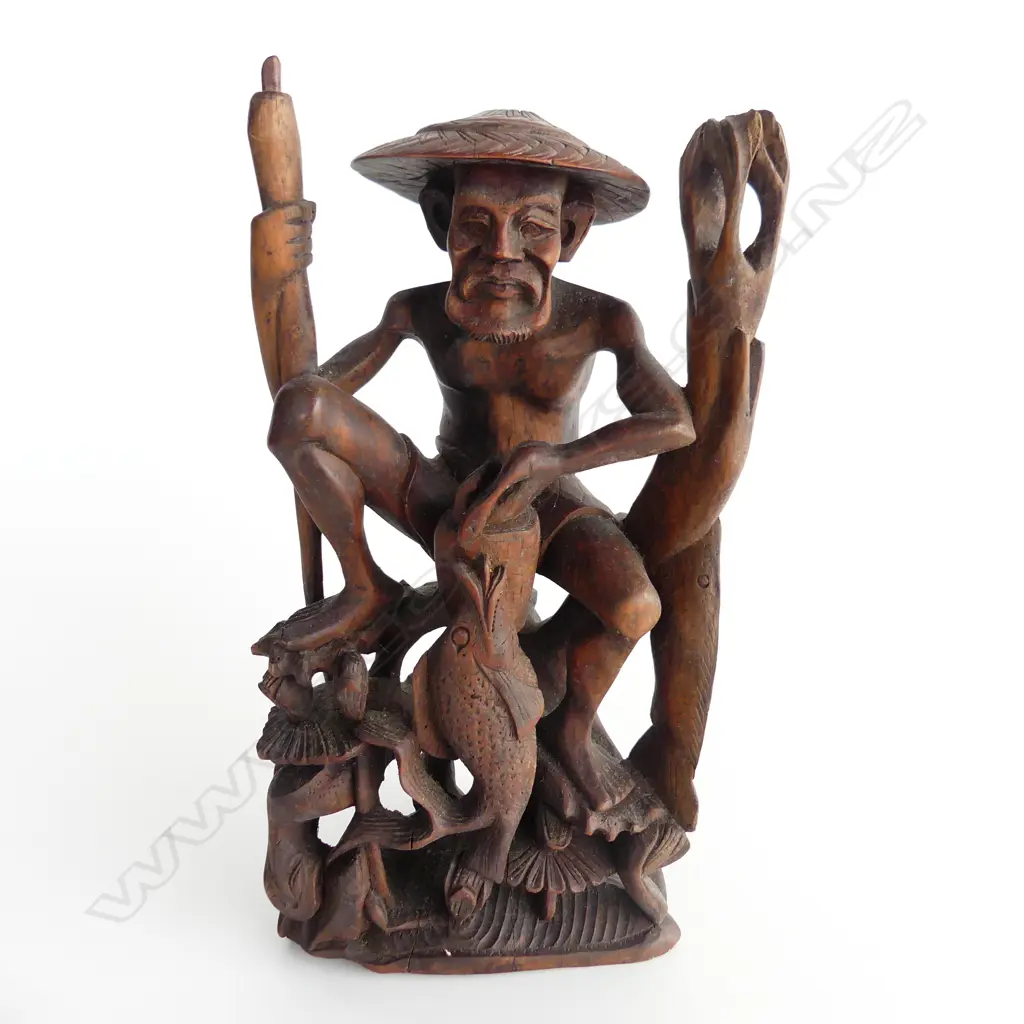 CHINESE WOOD CARVING OF A FISHERMAN WITH FISH.H 29CM Image 1++