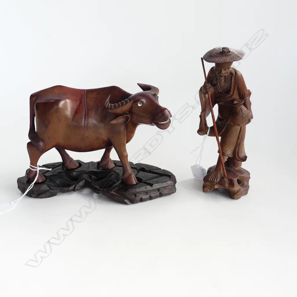 CARVED WOODEN ORIENTAL OXEN AND PEASANT H 200 MM Image 1++