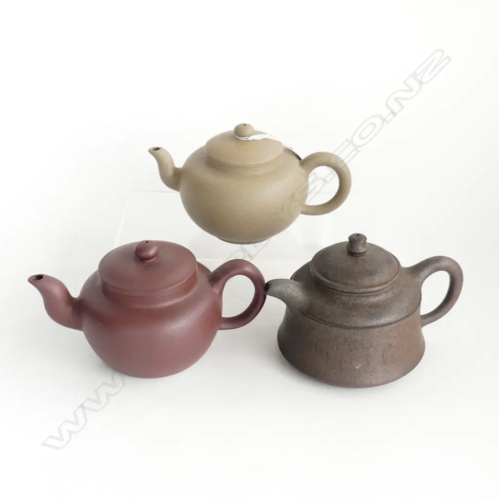 3 YIXING WARE TEAPOTS 120mm dia Image 1++