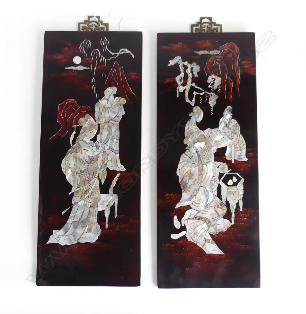 PAIR OF ORIENTAL MOTHER OF PEARL INLAID PANELS H 510 MM Image 1++