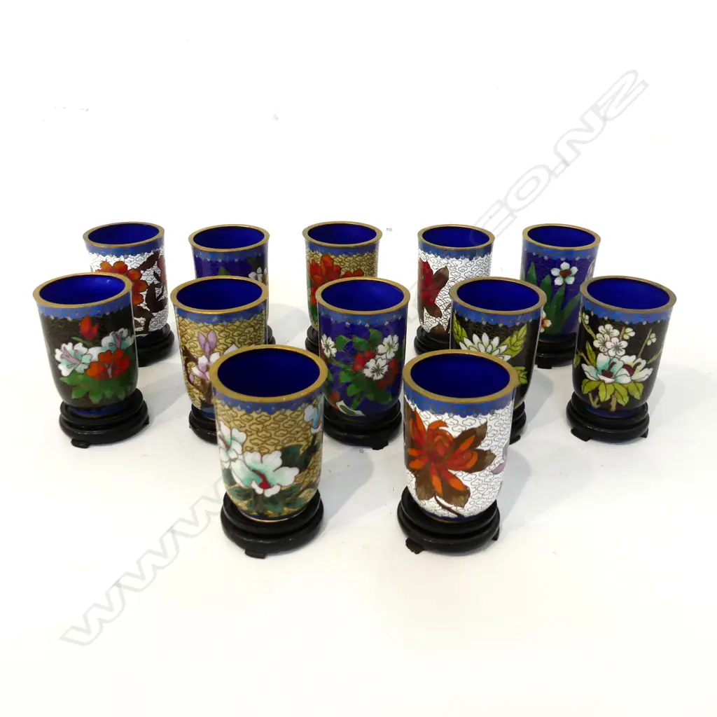 SET 12 SM CLOISONNE VASES, EACH WITH WOODEN STAND H. 87mm Image 1++