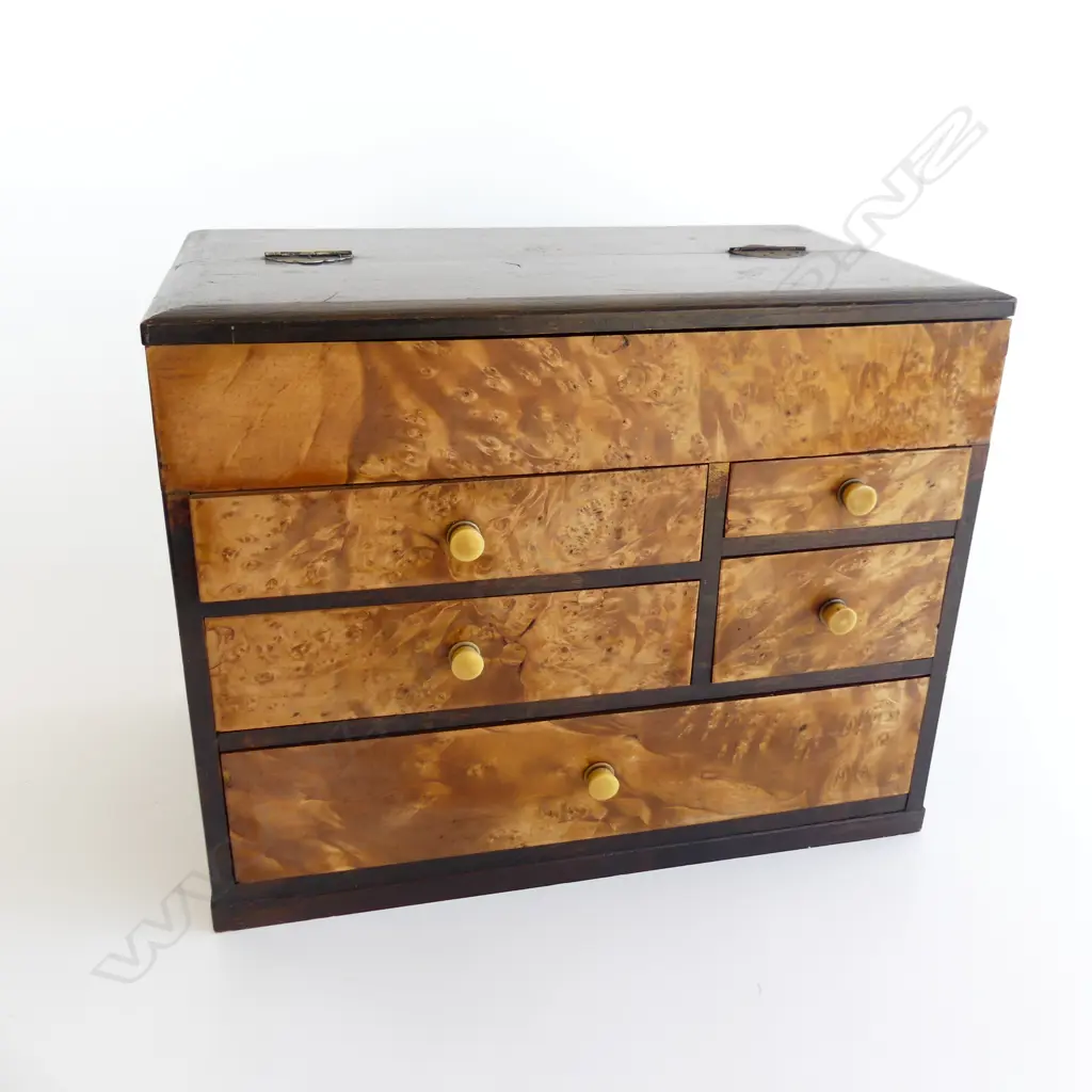 1970’S JAPANESE  SEWING BOX 5 drawer with burr veneer H 260mm Image 1++