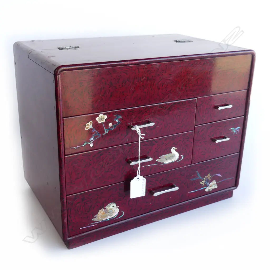 1970’S JAPANESE SEWING BOX  5 drawer red & black stippled with MOP type highlights H270mm Image 1++