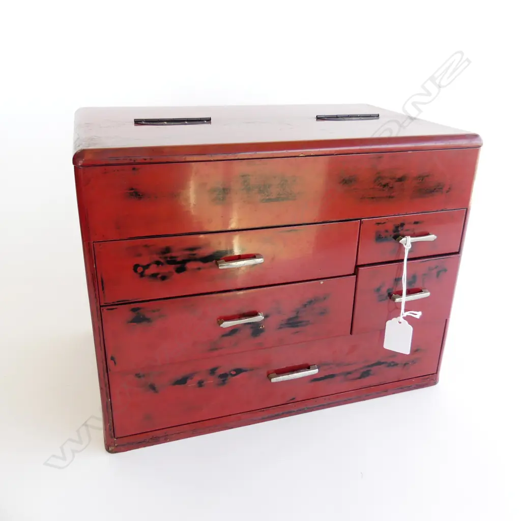 1970’S JAPANESE SEWING BOX 5 drawer red & black lacquer H260mm Image 1++
