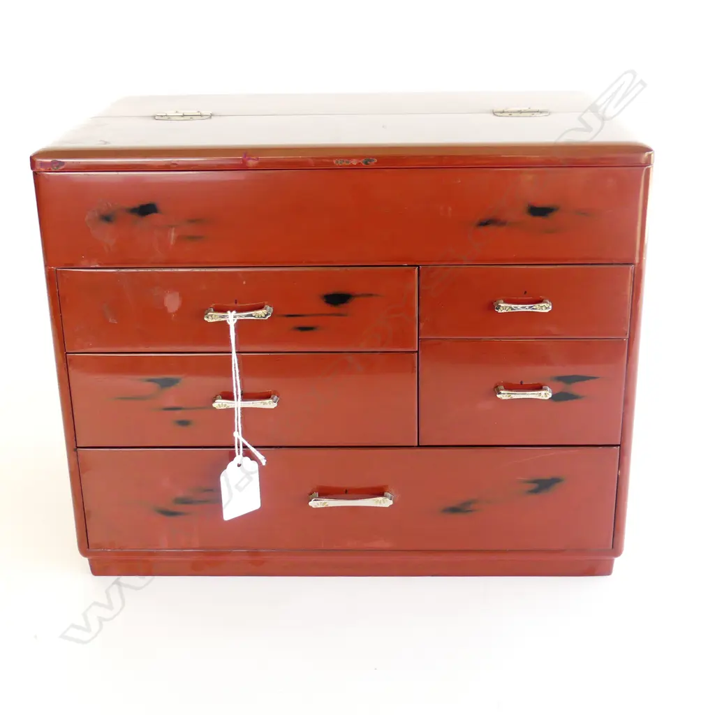 1970’S JAPANESE SEWING BOX  5 drawer red & black lacquer H250mm Image 1++