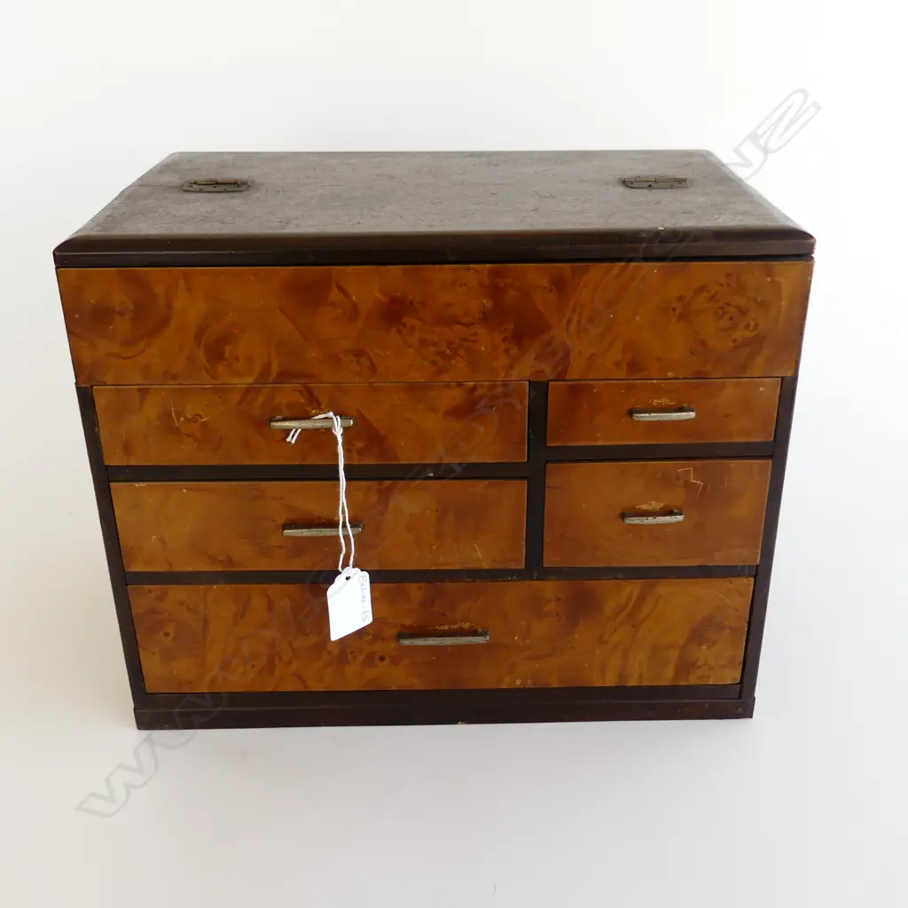 1970’S JAPANESE SEWING BOX  5 drawer with burr veneer H 260mm Image 1++