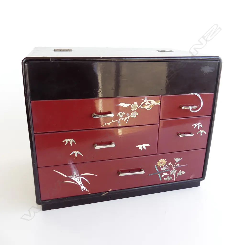 1970’S JAPANESE  SEWING BOX  5 drawer red & black lacquer with MOP type highlights H270mm Image 1++