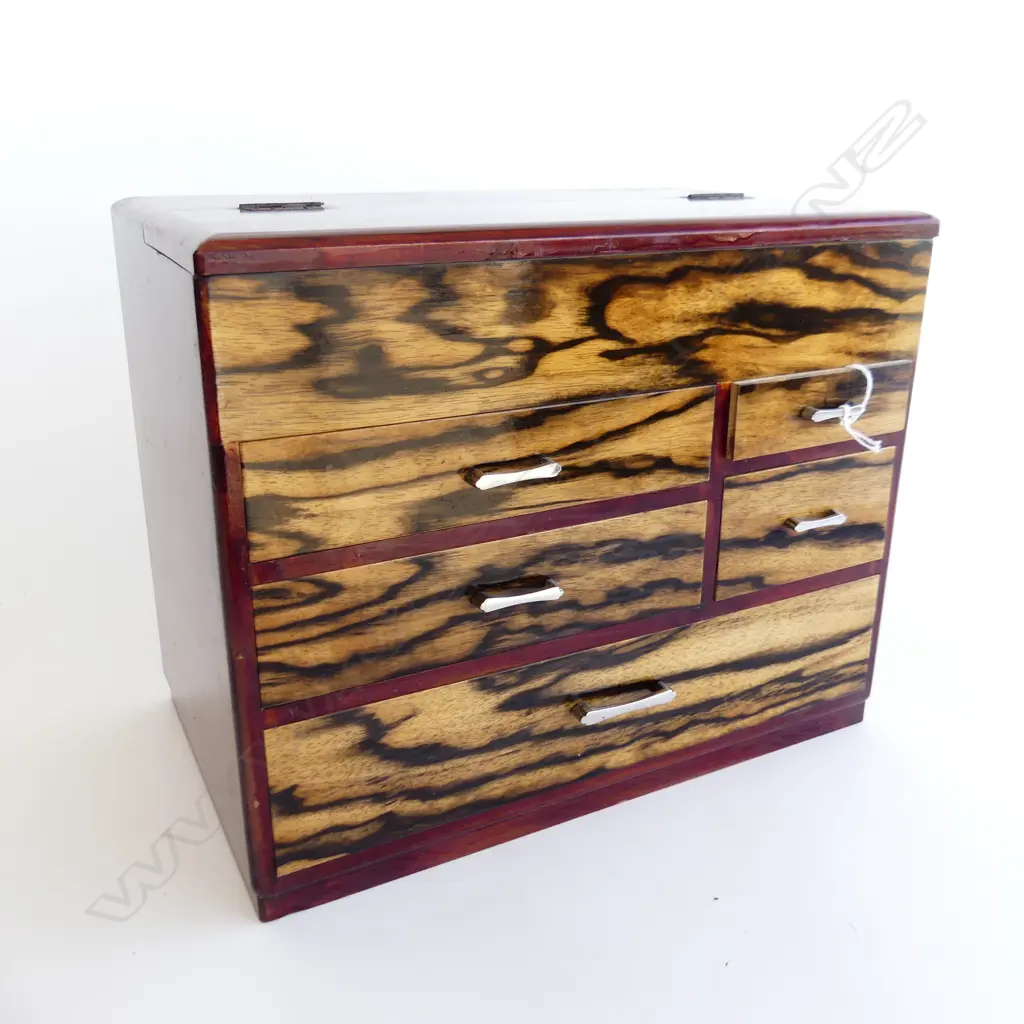 1970’S JAPANESE SEWING BOX 5 drawer red lacquer & tiger wood H250mm Image 1++