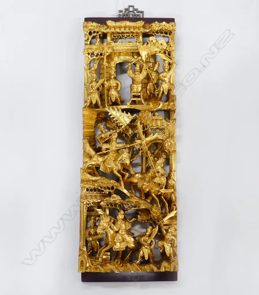 ORIENTAL CARVED WOODEN GILDED TEMPLE PANEL H 500 MM Image 1++