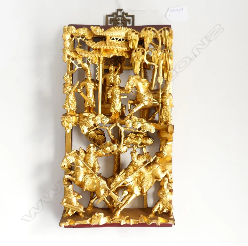 A CARVED WOODEN GILDED ORIENTAL TEMPLE PANEL H 340 MM Image 1++