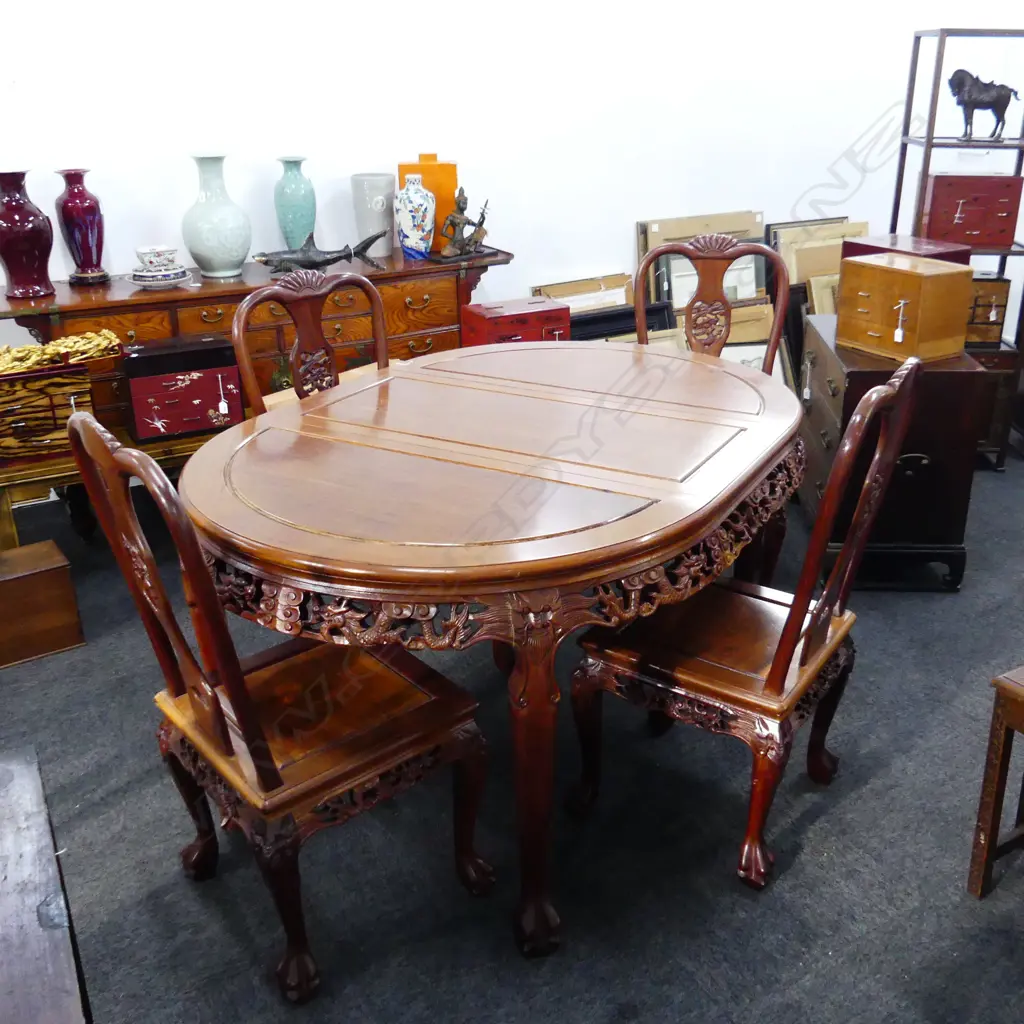 CHINESE CARVED DINING TABLE w. 1 LEAF & 4 CHAIRS 1100mm dia Image 1++