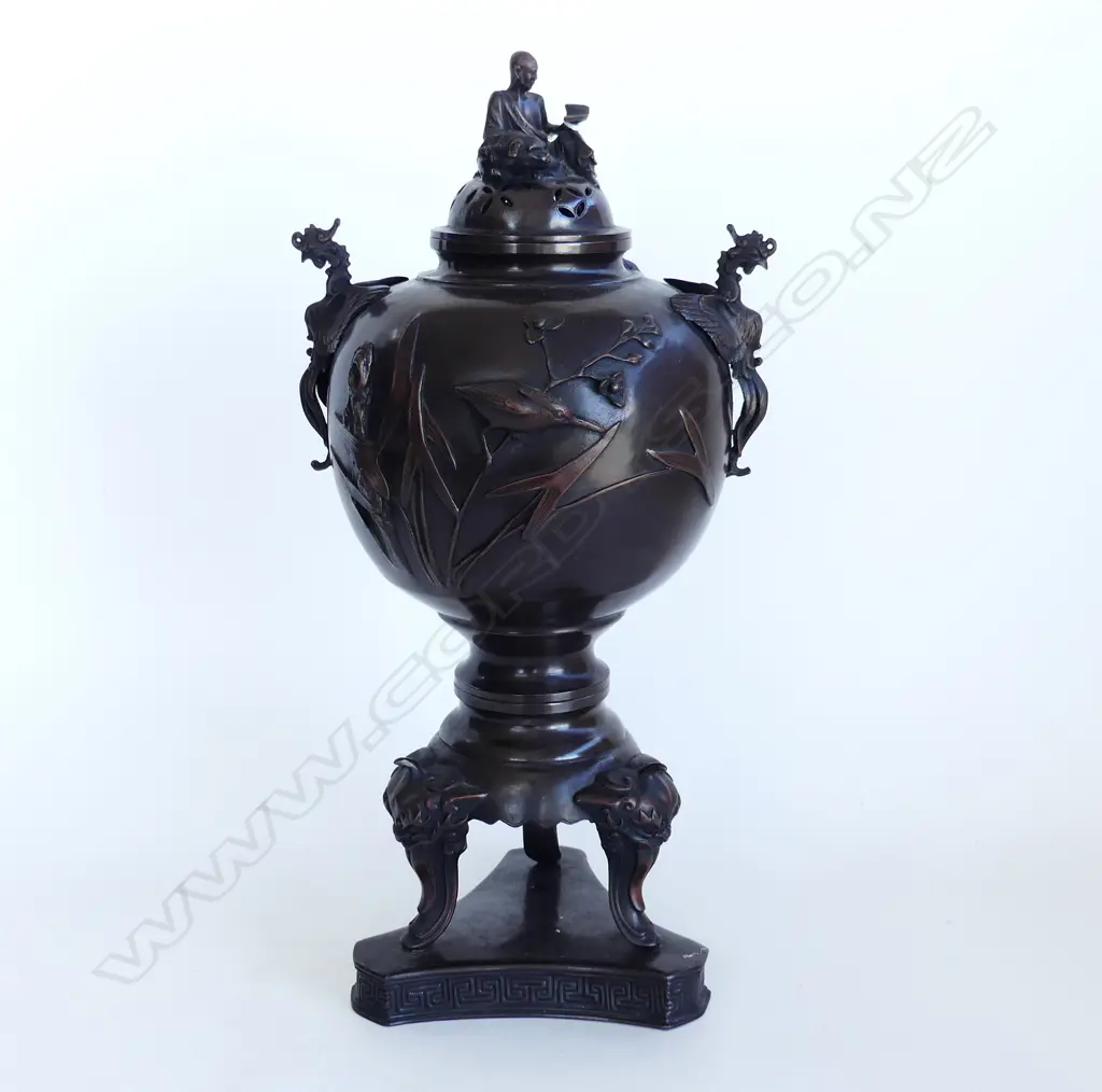 JAPANESE BRONZE 3 PART URN w. PHOENIX HANDLES H.430mm Image 1++