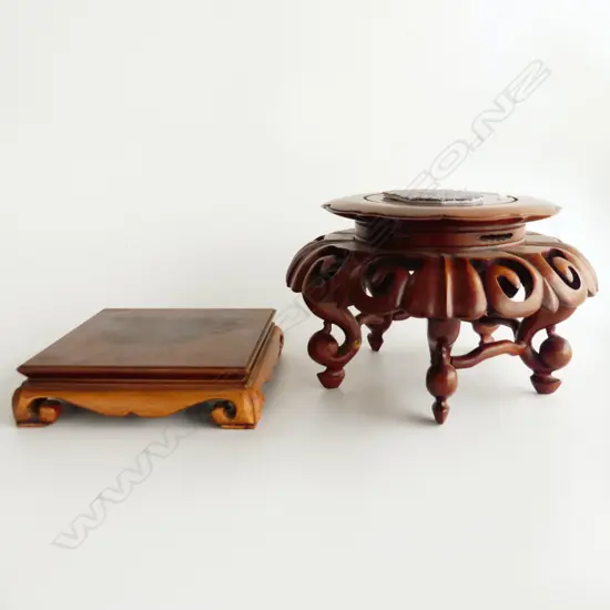 2 ORIENTAL CARVED WOODEN DISPLAY STANDS; 200x200mm & 300mm dia...