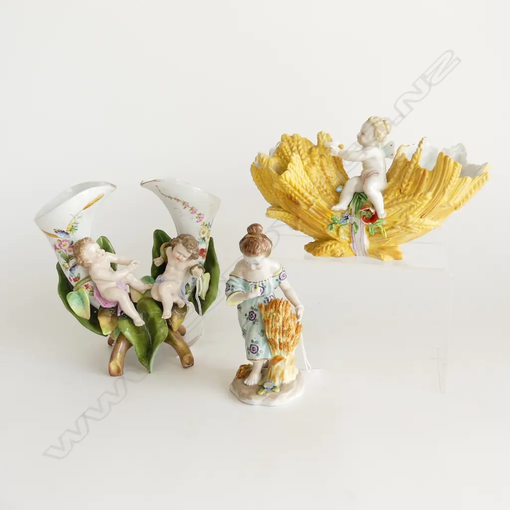 2 ANTIQUE PORCELAIN DOUBLE-VASES H.200mm + GIRL w. WHEAT H.170mm Image 1++