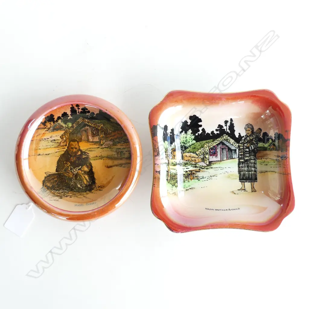 2 GRIMWADES 'MAORI WARE' BOWLS; MOTHER & CHILD & CARVER (hairline) 140mm dia Image 1++
