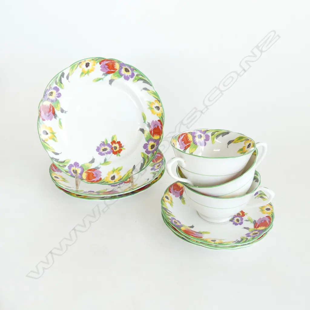 THREE 1930’S FOLEY CHINA FLORAL CUP, SAUCER, AND PLATE TRIOS ENGLAND Image 1++