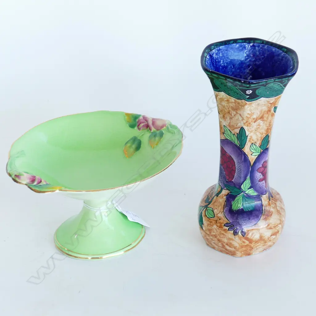 GREEN ROYAL WINTON COMPORT, 170 x 90mm & TALL MALING POMMEGRANATE LUSTRE VASE, H. 174mm Image 1++