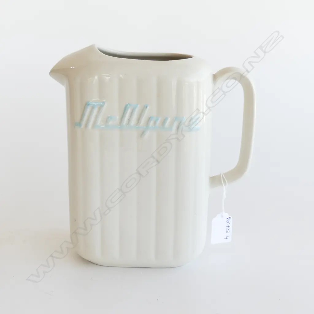 CROWN LYNN MCALPINE JUG WHITE WITH BLUE LETTERING Image 1++