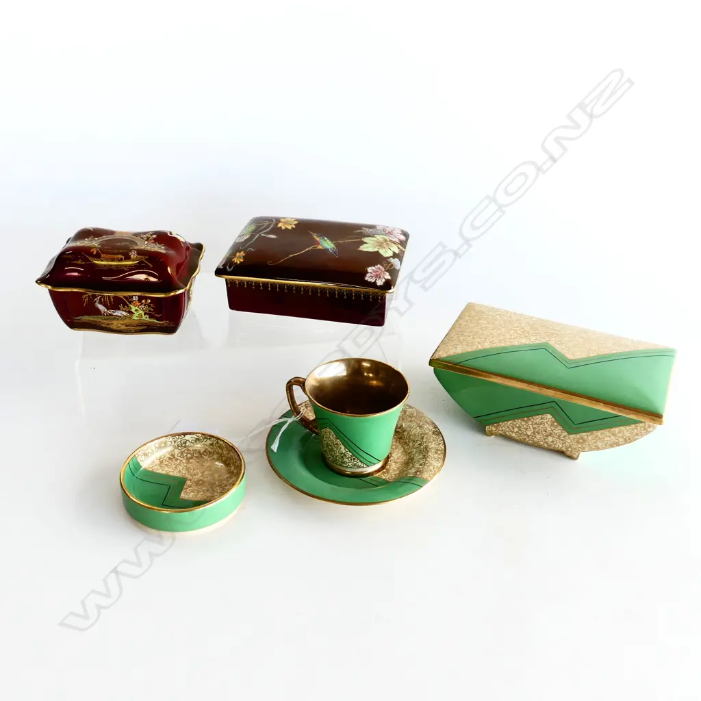 2 CARLTON WARE ROUGE ROYALE LIDDED CONTAINERS + 3 PCES DECO CROWN DEVON; C/S (REPAIR), DISH, LIDDED CONTAINER W.155mm Image 1++