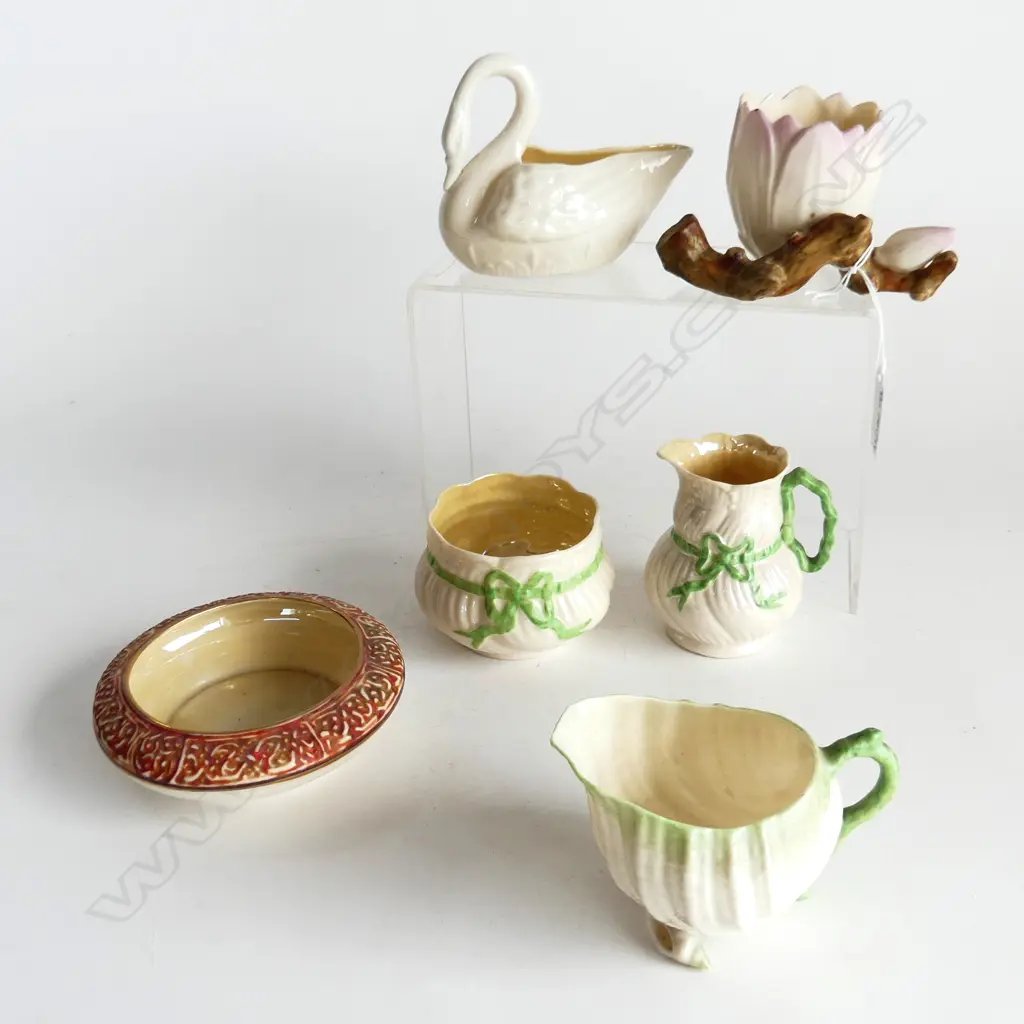 6 PCES BELLEEK BLACK LABEL; SUGAR BOWL & 2 MILK JUGS w. GREEN, SWAN, 2 VASES Image 1++