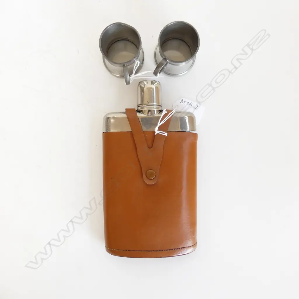 GERMAN US ZONE HIP FLASK AND TWO PEWTER SPIRIT MEASURES Image 1++