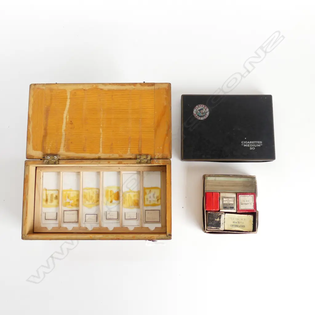 BOX EARLY 20thC BOTANICAL SLIDES W.210mm, GLASS SLIDES & CIGARETTE TIN  Image 1++