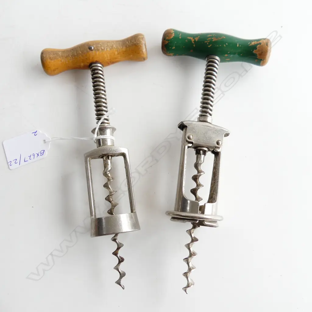 TWO VINTAGE SPRING LOADED CORKSCREWS WITH WOODEN HANDLES L. 190mm Image 1++