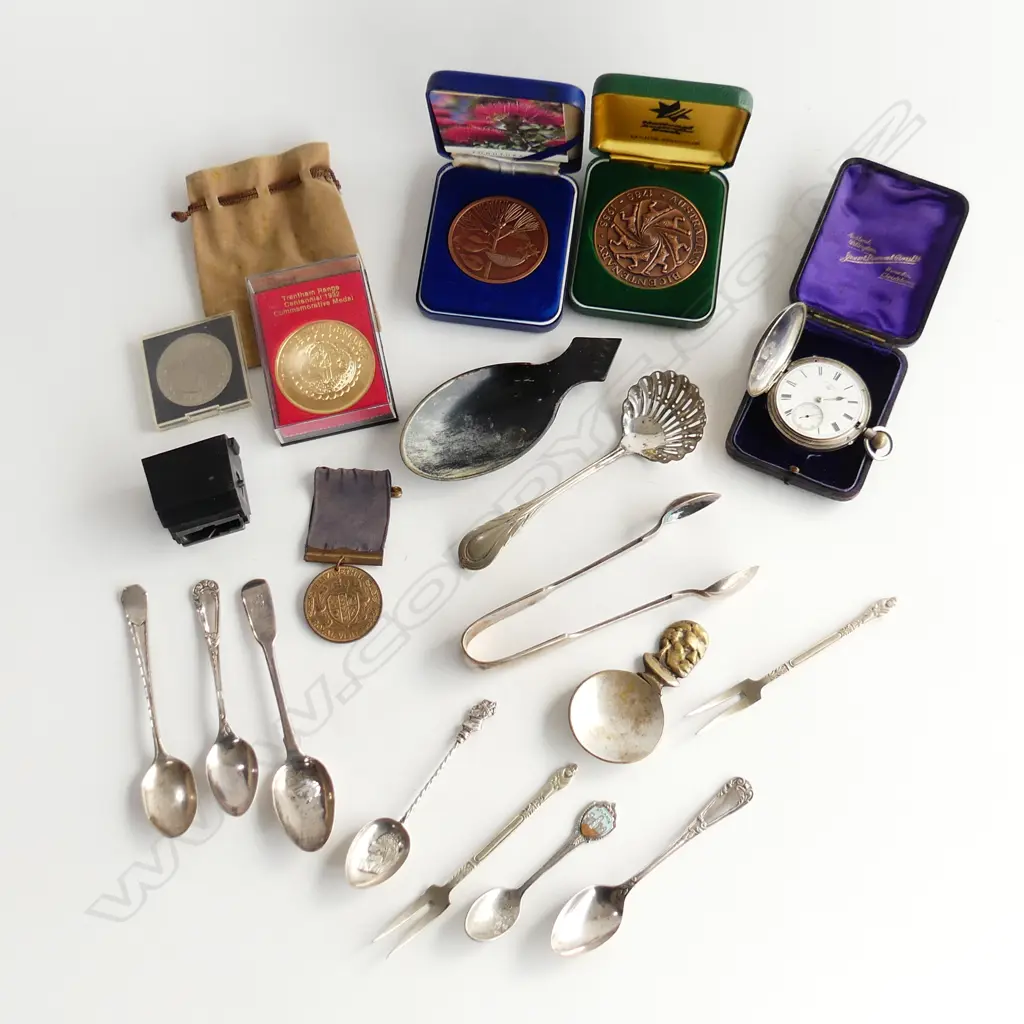 ASST. SPOONS 2 SILVER ETC + COMM. MEDALLIONS + SILVER WATCH ETC Image 1++