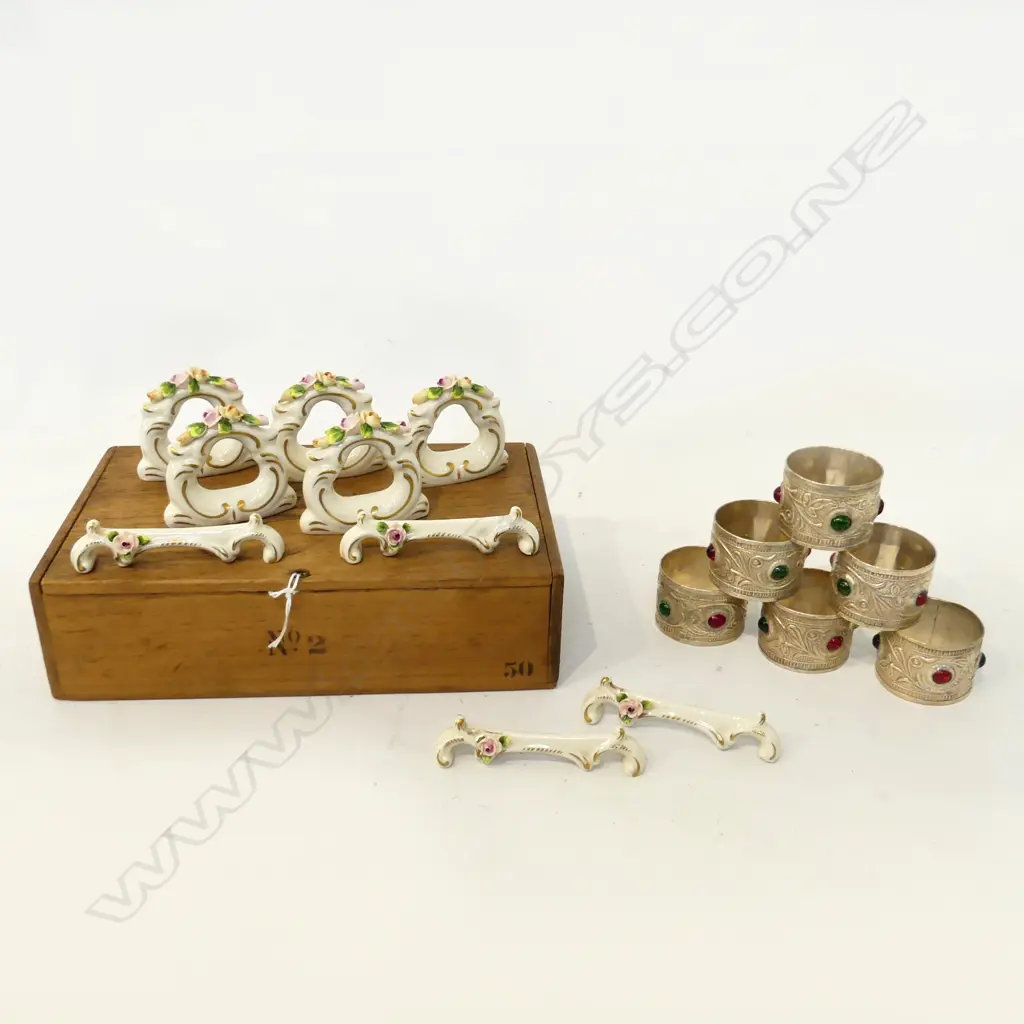 BOX 6 UNMARKED SILVER NAPKIN RINGS + PORCELAIN SPOON RESTS ETC; Image 1++