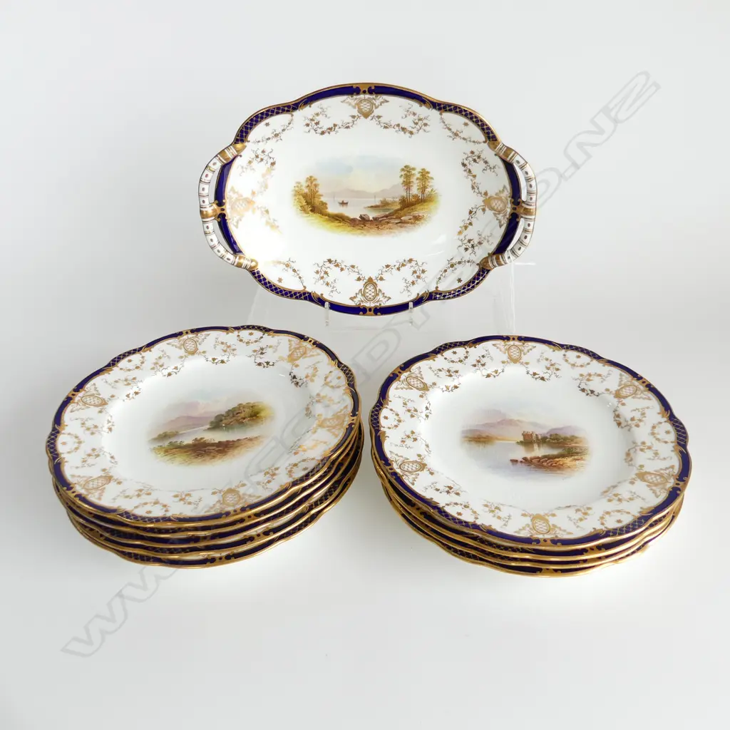 10 VICTORIAN H/PAINTED COALPORT PLATES w. CASTLE SCENES 225mm dia (2 w. HAIRLINES) Image 1++