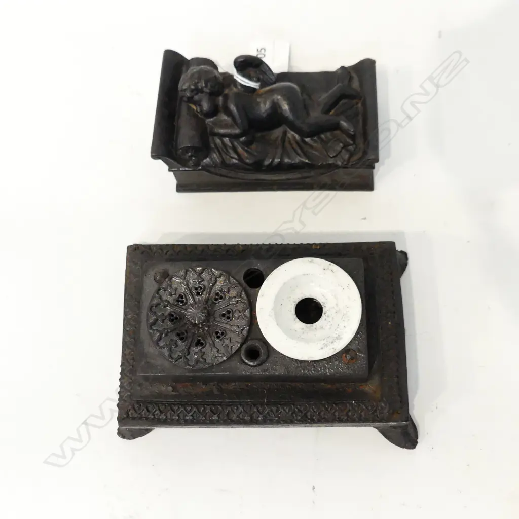 VICTORIAN CAST IRON LIDDED INKWELL; ANGEL IN BED W.150mm Image 1++