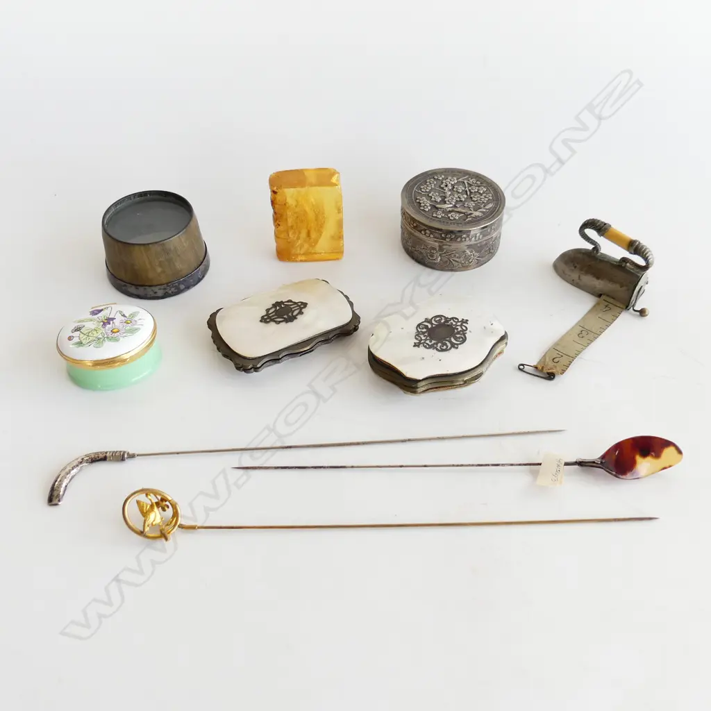 2 VICT. MoP COIN PURSES W.70mm, KAURI GUM BOOK, ORIENTAL SILVER LIDDED CONTAINER 60mm dia, 3 HAT PINS ETC Image 1++