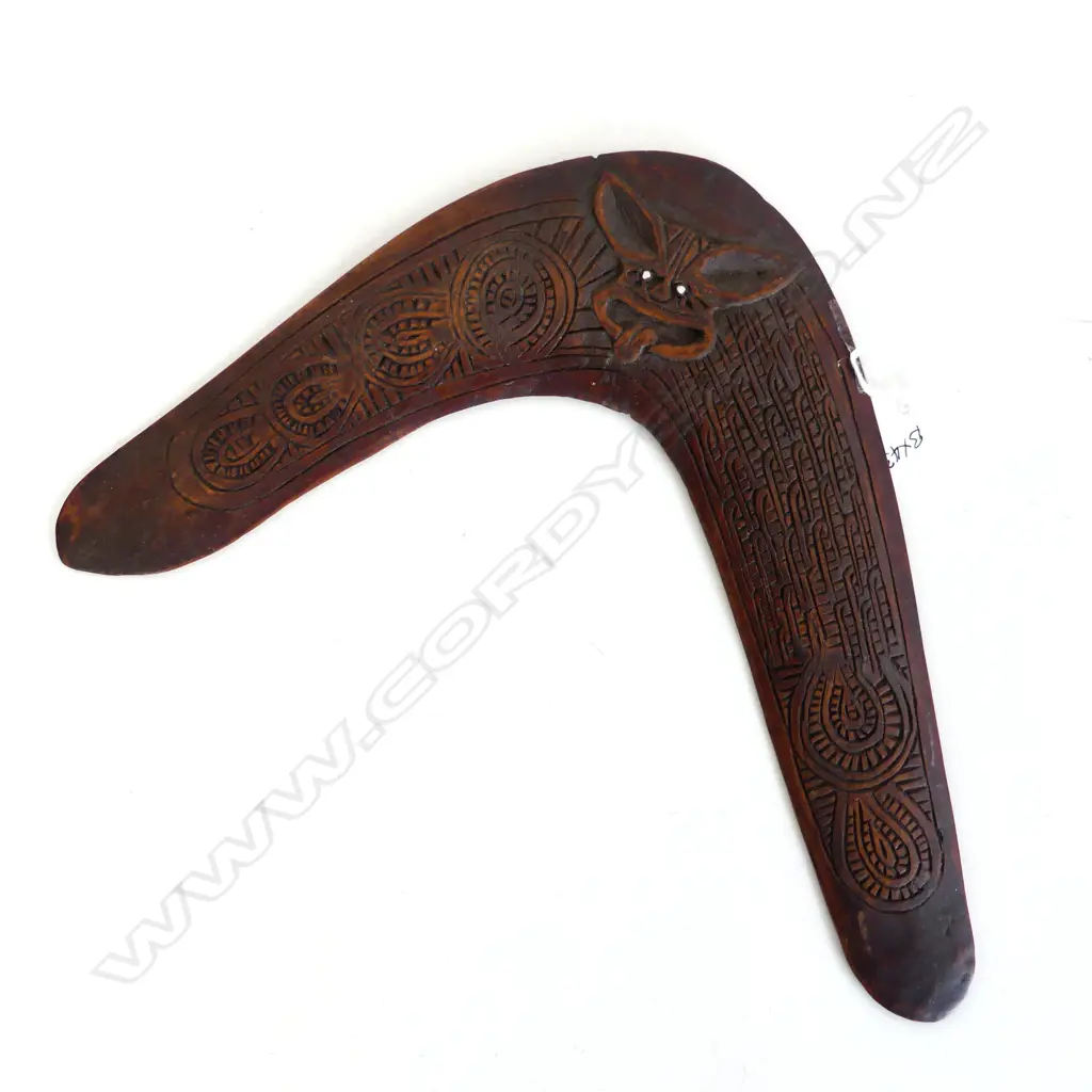 OLD MAORI CARVED ABORIGINAL BOOMERANG W.295mm Image 1++