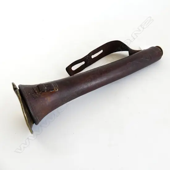 c1900 BRASS & COPPER HUNTING/MILITARY HORN in stitched leather fitted sleeve L.265mm.
