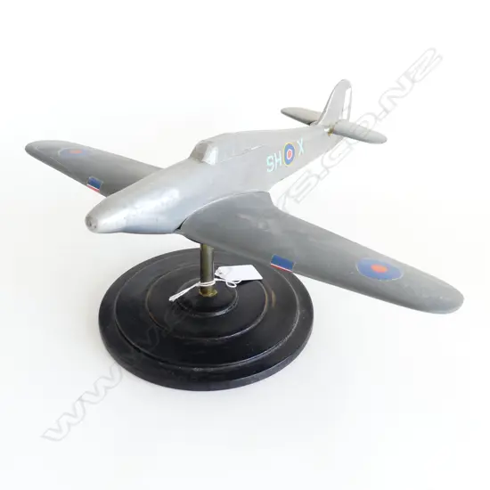 HEAVY VINTAGE SILVER METAL MILITARY AIR PLANE ON STAND W.375mm