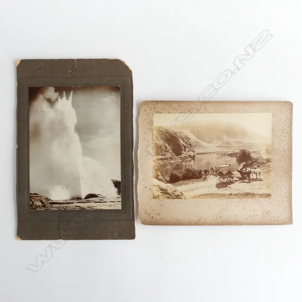 2 EARLY NZ PHOTOGRAPHS; ATEAMURI WAIKATO RIVER 145x200mm, POHUTU & FEATHER GEYSERS WHAKAREWAREWA 205x150mm  Image 1++