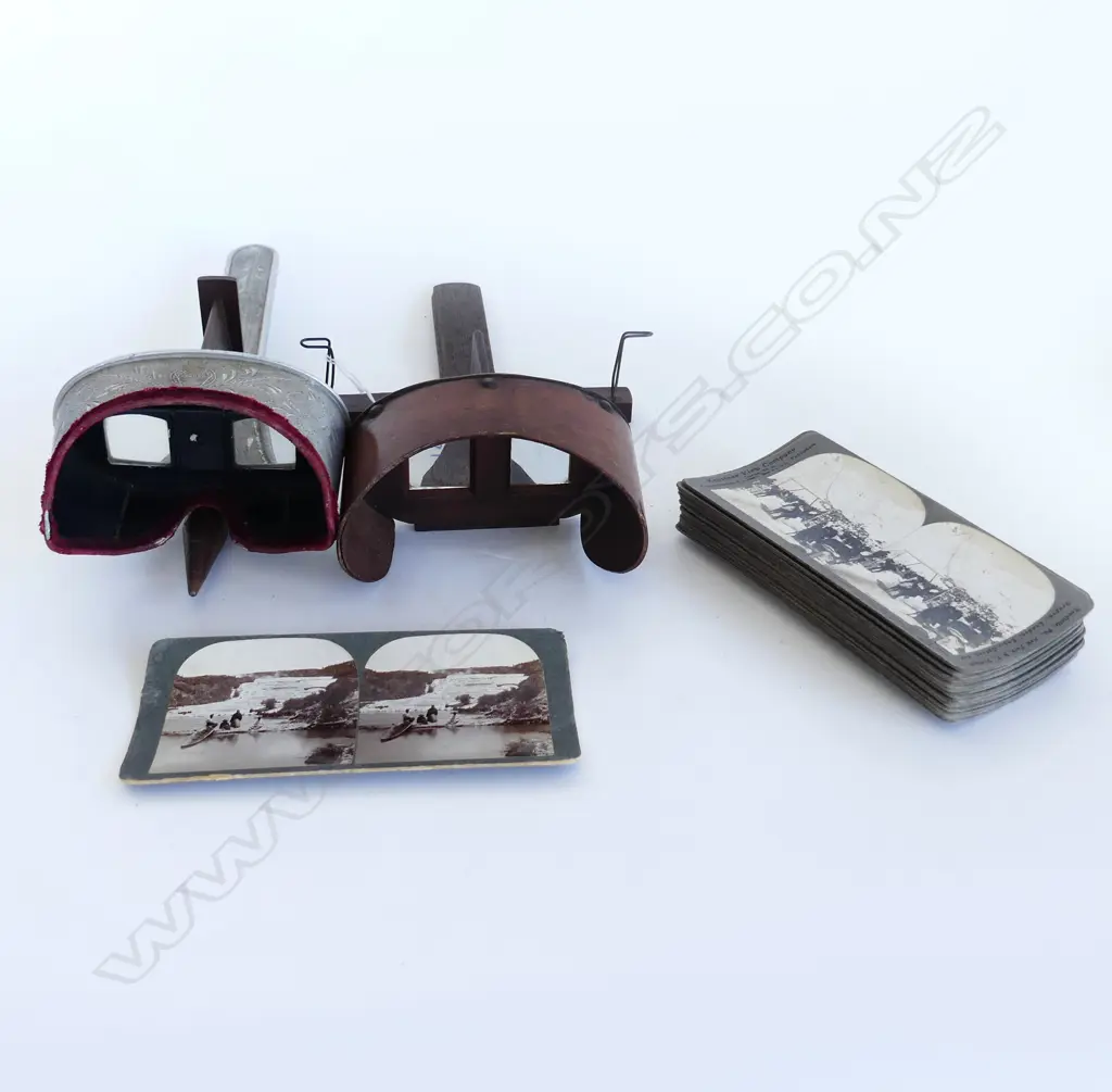 2 OLD STERESCOPES WITH 18 CARDS, ONE MISSING HOLDER, ONE MISSING HANDLE Image 1++