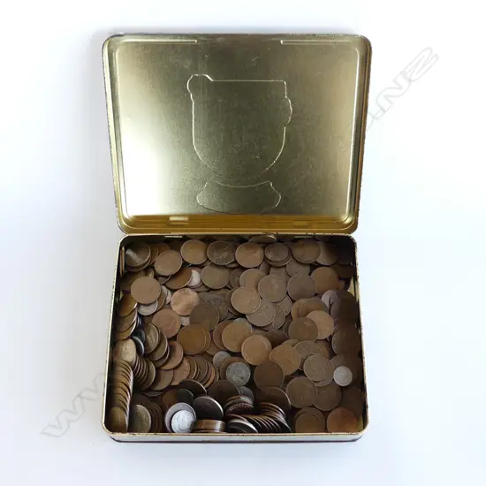 TIN OF NZ COINS MOSTLY COPPER PENNYS
